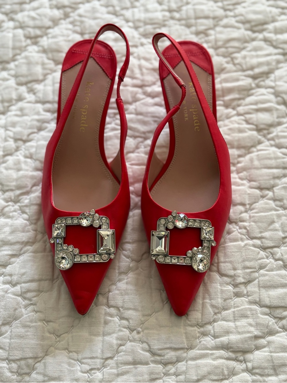 kate spade Red Pointed Slingback Heels with Crystal Buckle